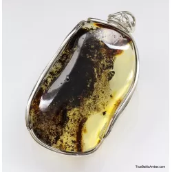 Large amulet Baltic amber silver pendant with insect inclusion 21g