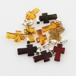 10 Small Baltic Amber Cross Silver Pendants