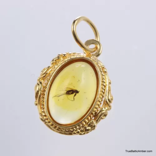 Jewelry With Insects Gold Plated Baltic amber pendant with insect inclusion
