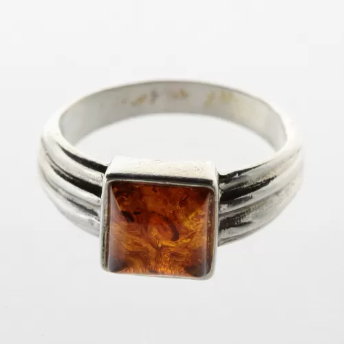 Square shape Baltic amber silver ring