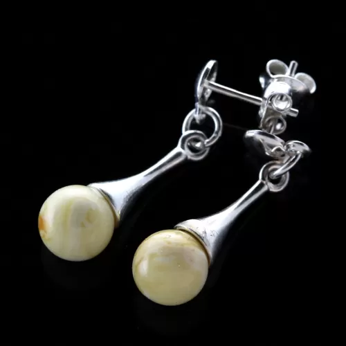 White Ball Baltic Amber Drop Dangle Earrings