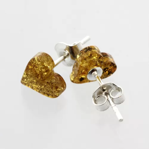 Green Hearts Baltic amber Silver Stud Earrings