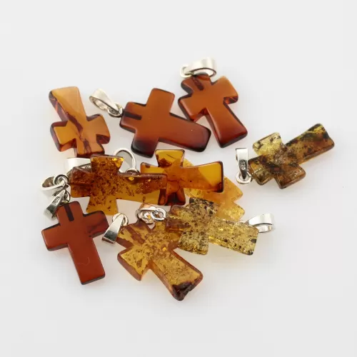 10 Baltic Amber Cross Silver Pendants