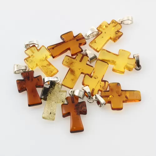 10 Baltic Amber Cross Silver Pendants